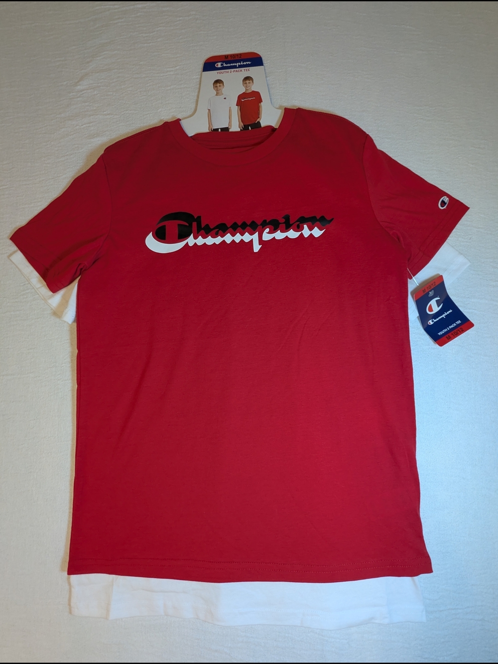 Champion Red Short Sleeve Logo Tee with Black & White Script Size 10/12